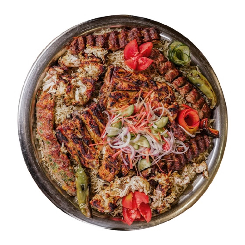 BBQ Feast Family Platter, A sharing platter of Malai Boti, 2 Leg Tikkas, Shish Taouk, Beef & Turkish Kebabs, served with fragrant rice, fresh vegetables and signature sauces, Sufraq Karachi