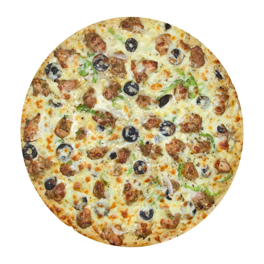 Malai Boti Pizza, Chicken (malai), cheese, onion, olives with creamy sauce, Sufraq Karachi