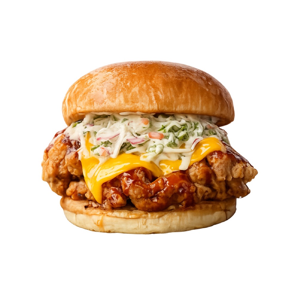 Smokey Ranch Burger, Tender chicken filled with ranch sauce, slice cheese, iceberg and garlic mayo, Sufraq Karachi