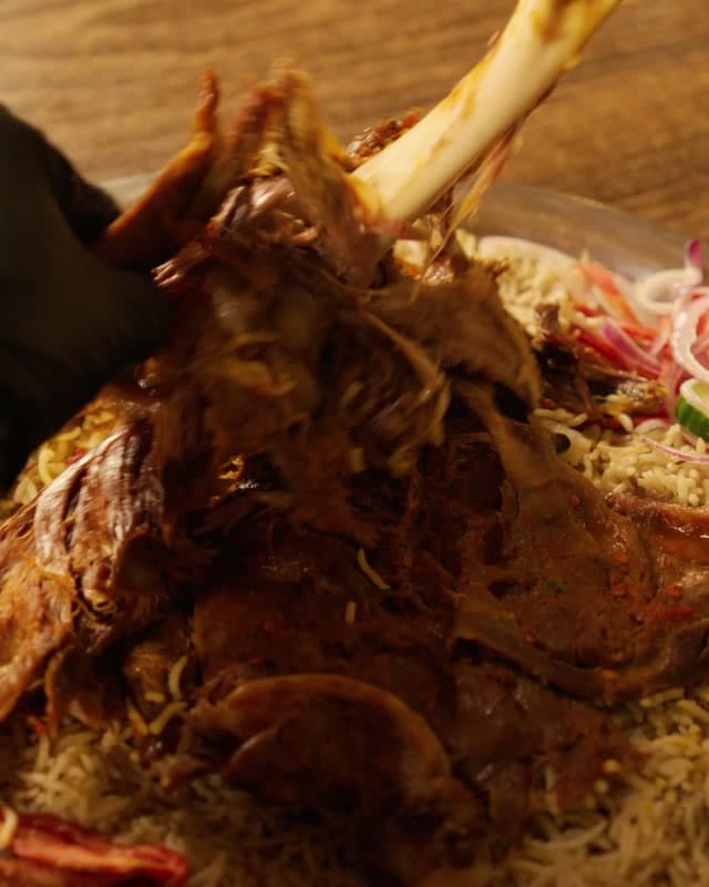 Sufraq Mutton Mandi, slow-cooked mutton pulled from the bone over fragrant Arabian rice